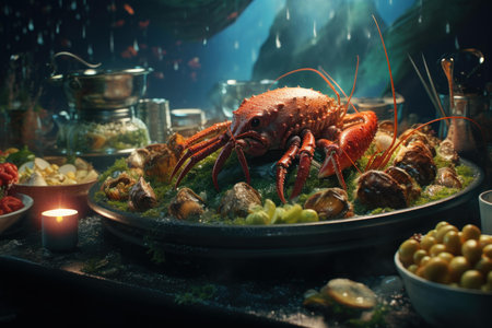 Sumptuous seafood feast featuring lobster is elegantly presented amidst a moody, ambient settingの素材