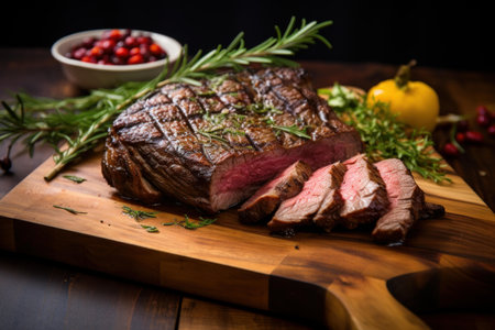 Perfectly cooked medium-rare steak with herbs, ready to be servedの素材
