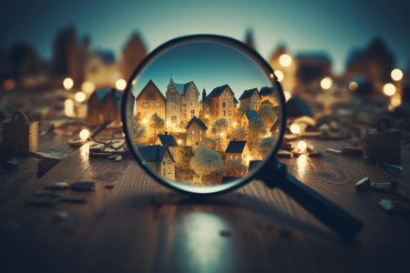 Whimsical scene focused on a tiny, illuminated village under a magnifying lens, amidst a blurry, fairy-light backdropの素材