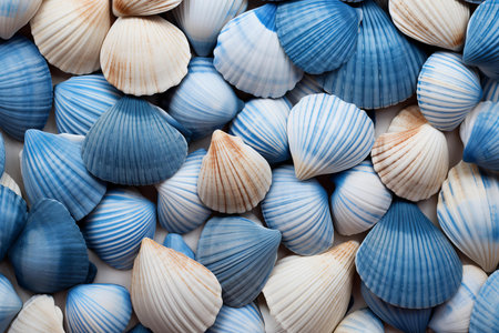 Beautiful and diverse assortment of seashells on a blue and white striped background with a marine life theme for eco-friendly seaside decoration and nautical wallpaper designの素材