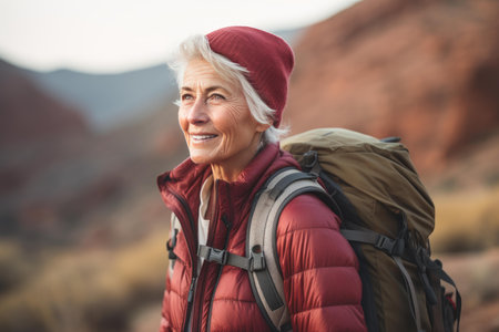 Smiling elderly hiker with backpack admiring the view during a tranquil evening trekの素材
