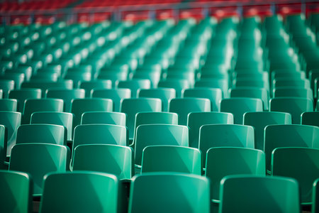 Empty green seats at a sports stadium, showcasing repetition and perspectiveの素材