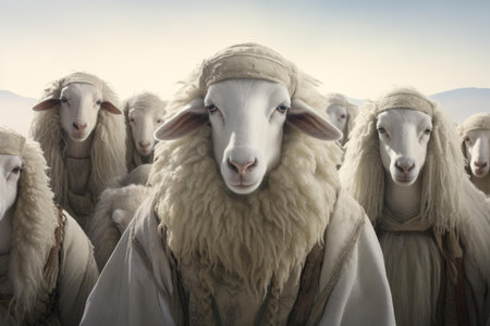 Digital art of a sheep wearing a cap and shawl leading a flock, looking aheadの素材