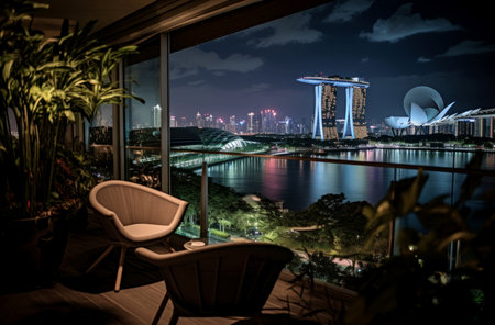 Serene night-time view from a balcony featuring the iconic marina bay sandsの素材