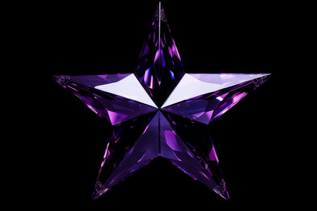 3d render of a shiny purple star-shaped crystal isolated on a black backdropの素材