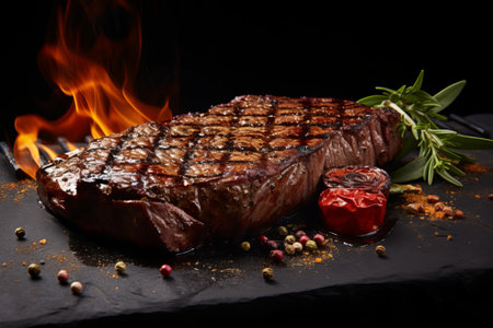 Flavorful Hot grilled steak with rosemary. Roasted succulent beef slice on grill. Generate aiの素材