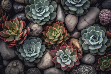Textured Succulent stones plant background. Dark decorative. Generate AIの素材