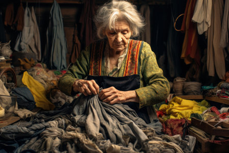 Senior woman sews fabric attentively amidst a rustic setting filled with textilesの素材