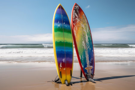 Tropical Surfboard colorful beach. Outdoor ocean. Generate AIの素材