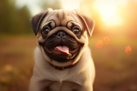 Adorable pug puppy with a joyful expression in warm sunset lightの素材