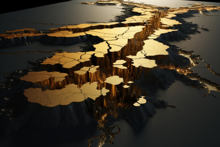 Abstract 3d illustration of a dark, fractured landscape depicting environmental degradationの素材