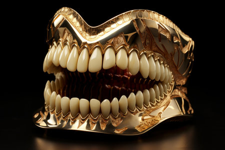 A decorative golden jaw with teeth detail on a sleek black surfaceの素材