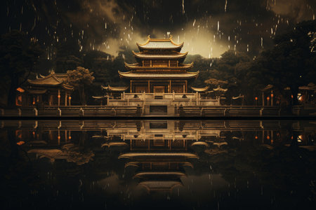 Serene Temple render. Tower travel asian. Generate AIの素材