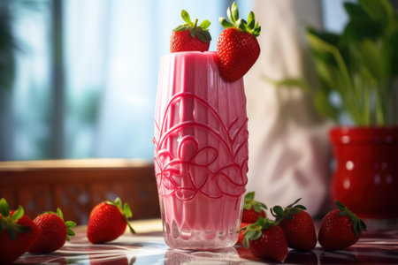 Delicious strawberry smoothie in a decorative glass, surrounded by fresh strawberries on a tableの素材
