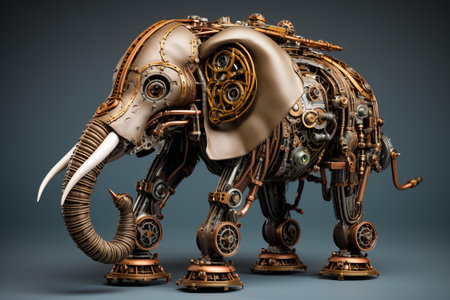 Enormous Steampunk elephant steam. Metallic travel. Generate AIの素材