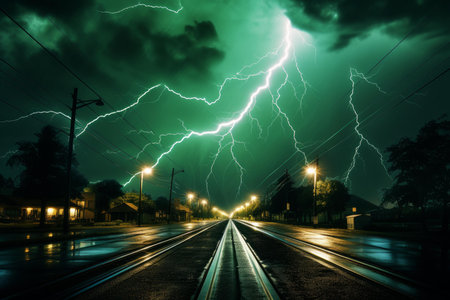 Electrifying Thunder sky green lights. Electric stormy. Generate AIの素材