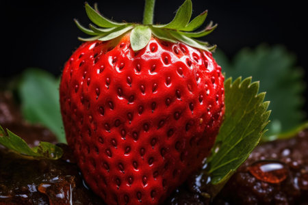 Macro shot of a ripe strawberry with water droplets, set against a dark backgroundの素材