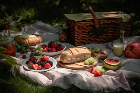 Serene outdoor picnic setup with a basket, fruits, bread, and drinks on a blanketの素材