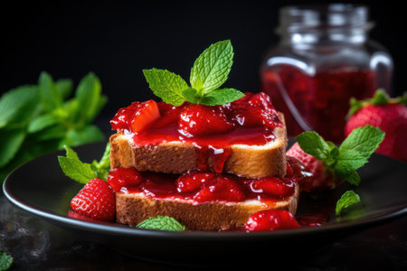 Elegant serving of toast covered in strawberry jam, garnished with mint leavesの素材