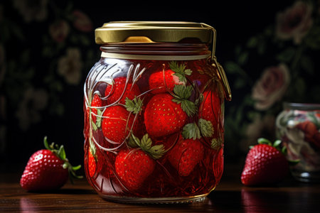 Artisanal strawberry preserve in a mason jar, with fresh berries around on a wooden surfaceの素材
