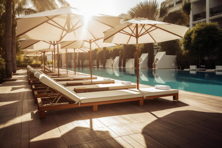 Inviting Sunbeds near outdoor swimming pool at luxury resort. Relax lifestyle holiday resort. Generate AIの素材