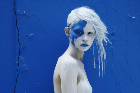 Striking portrait of a person with white hair and blue body paint against a blue backgroundの素材