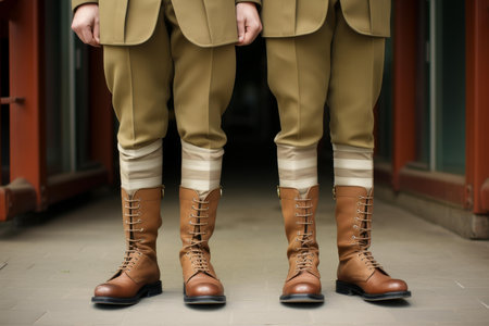 Weatherproof Soldiers legs boots uniform. Shoes company. Generate AIの素材
