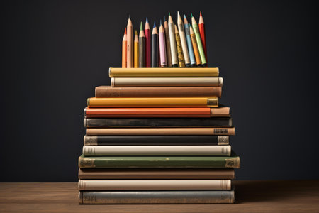 Neatly stacked pile of books with an assortment of colored pencils set against a dark backgroundの素材