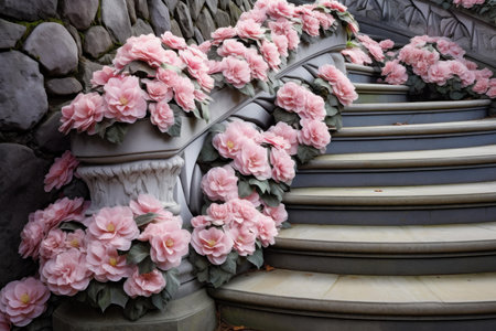 Enchanting Stairs candles flowers stone. Light party. Generate AIの素材