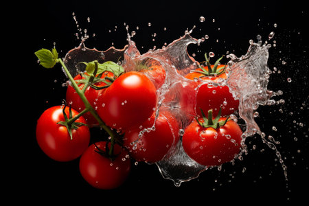 Ripe red tomatoes on a vine with a dynamic splash of water droplets, isolated on a black backgroundの素材