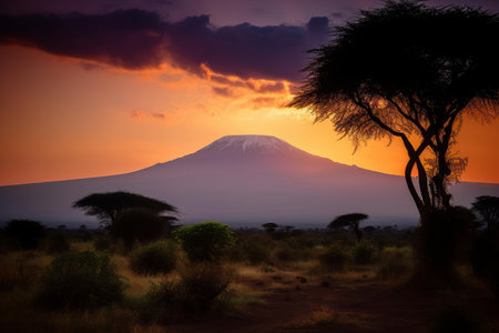 Breathtaking view of mount kilimanjaro at dusk with vibrant sunset colorsの素材