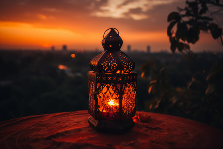 Ornamental lantern with lit candle during a vibrant sunset, city skyline in the backgroundの素材