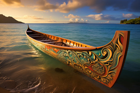 Weathered Traditional Hawaiian canoe on the beach. Ocean boat on tropical island sand. Generate aiの素材