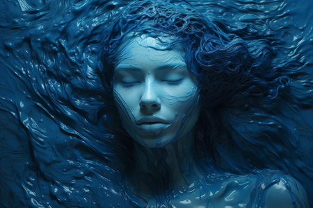 Artistic portrait of a woman with blue water effects symbolizing a nymph in a serene stateの素材