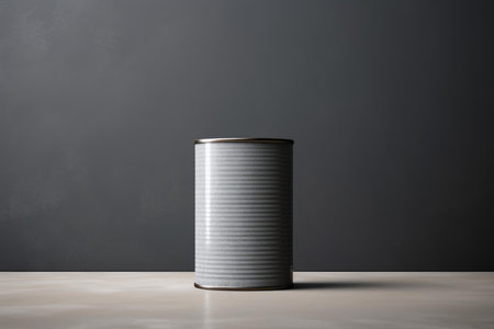 Single, blank tin can stand against a dark gray backdrop, symbolizing simplicity and potentialの素材