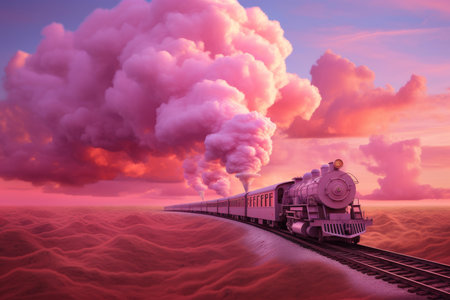 Picturesque Train pink clouds landscape. Railway transport. Generate AIの素材