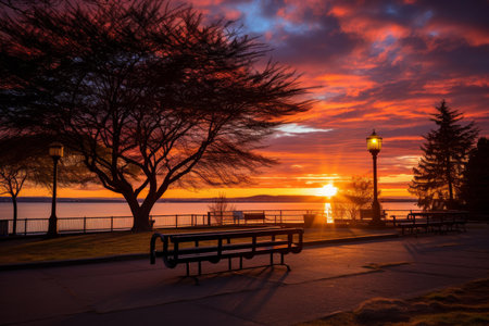 Picturesque Table bench at sunset park scene. Rest picnic wood seat. Generate AIの素材