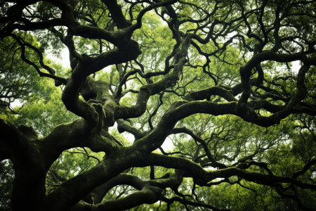 Intricate network of tree branches under a canopy of green leavesの素材