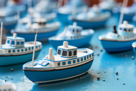 Close-up of small blue toy fishing boats arranged neatly with selective focusの素材