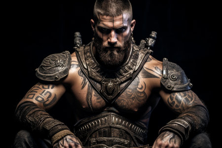 Formidable Back view of tattooed gladiator brutal. Muscular male barbarian bodybuilder athlete. Generate aiの素材