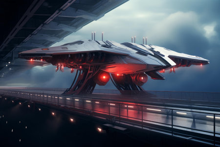 Sleek spaceship with glowing engines prepares for departure from a modern interstellar spaceportの素材