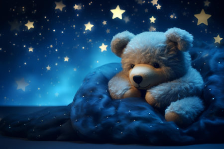 Sentimental Teddy bear smile sleeping stars. Fun sleep greeting card dream. Generate AIの素材