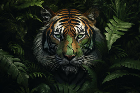 Exotic Tiger head jungle zoo. Feline mammal. Generate AIの素材