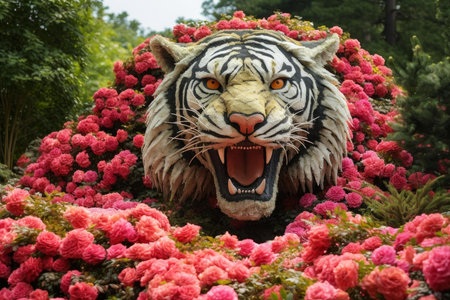 Captivating Tiger head roses garden. Wild face. Generate AIの素材