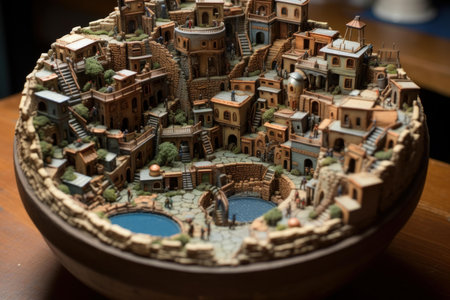 Exquisite handcrafted miniature Italian village sculpture. A detailed and intricate model of traditional European architecture and landscape. Showcasing the craftsmanship and culture of Italyの素材