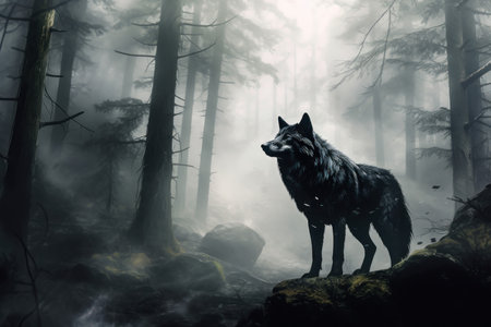 A solitary black wolf stands alert amidst the foggy woodsの素材