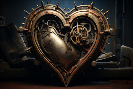 Intricate steampunk-style metal heart with gears illuminated in soft light against a dark backdropの素材