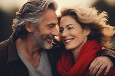 Portrait of a smiling mature couple with windblown hair, sharing a romantic moment at duskの素材