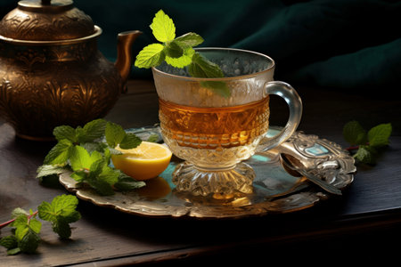 Warm mint tea with lemon on a silver tray, accompanied by a traditional teapotの素材