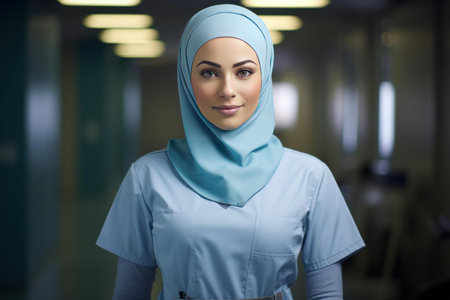 Portrait of a smiling medical worker wearing a hijab in a hospital settingの素材